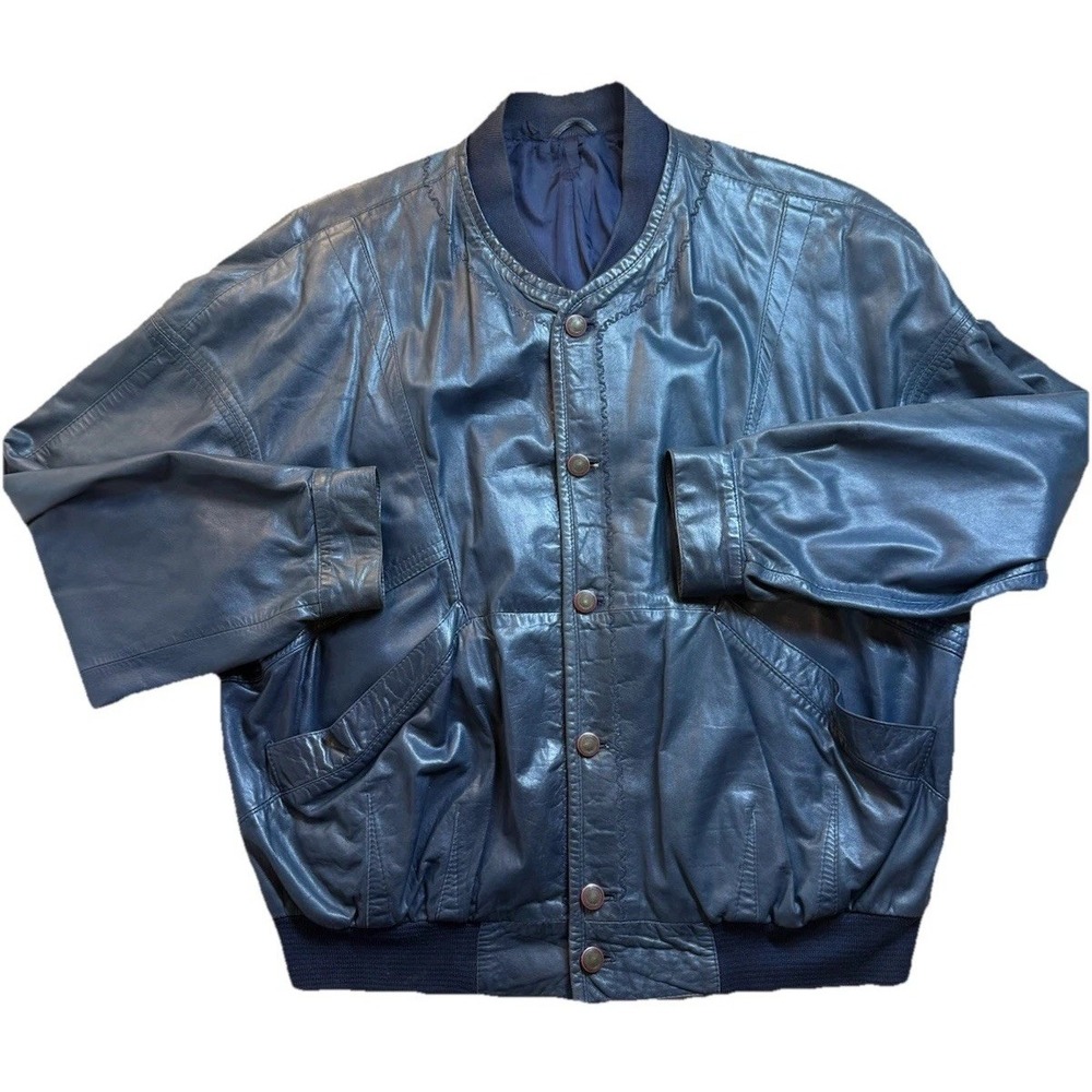 VTG Moreschi‎ Italy LambSkin Navy Bomber Jacket Men XL Embroidered Details Moto
